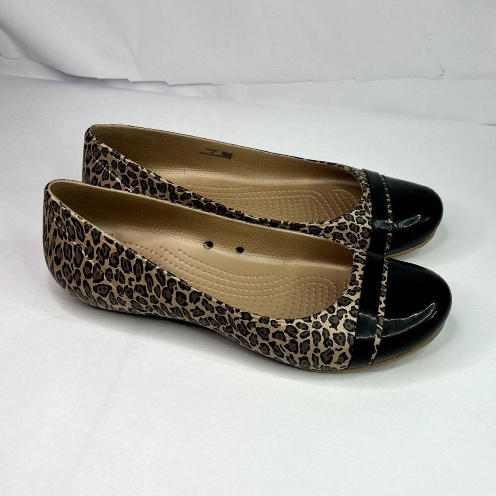 Crocs Animal Print Cap Toe Slip On Ballet Flats Multicolor Leopard Comfy Womens